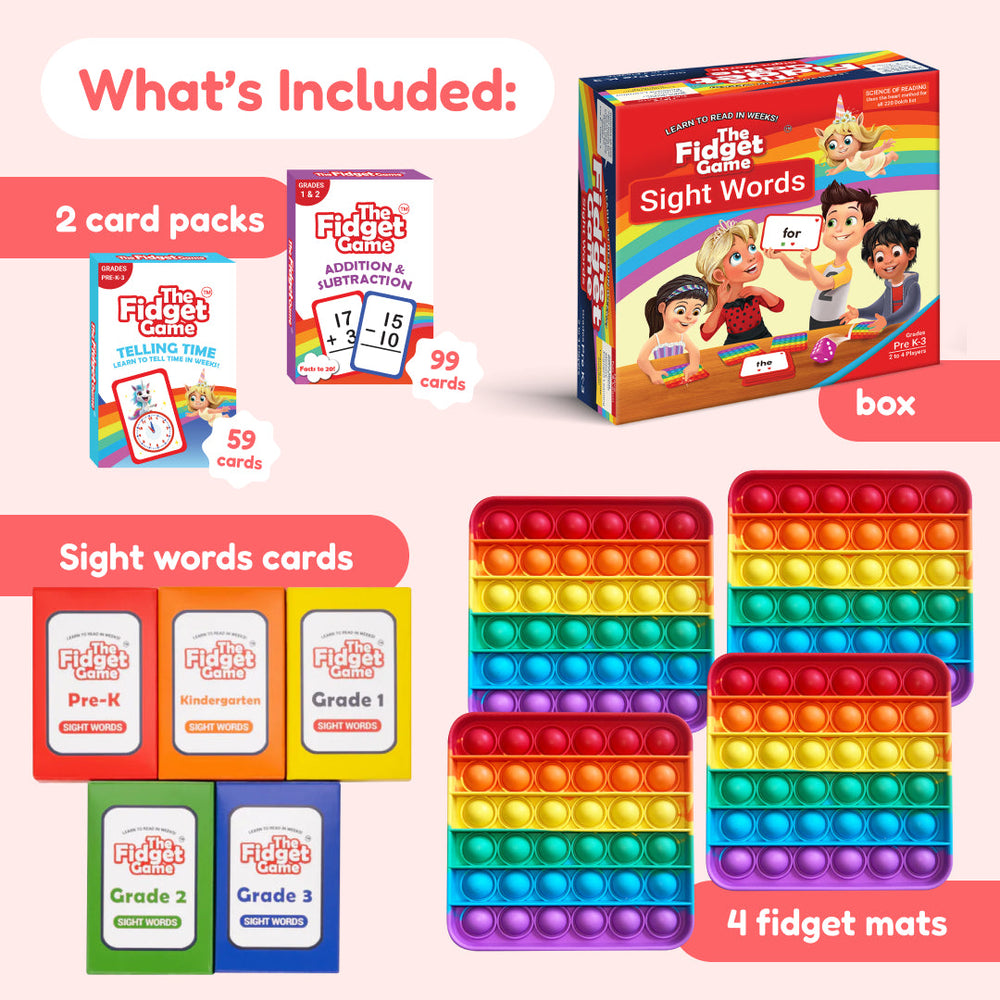Fidget game set with card packs, pop-it toys, and sight words cards on a pink background.