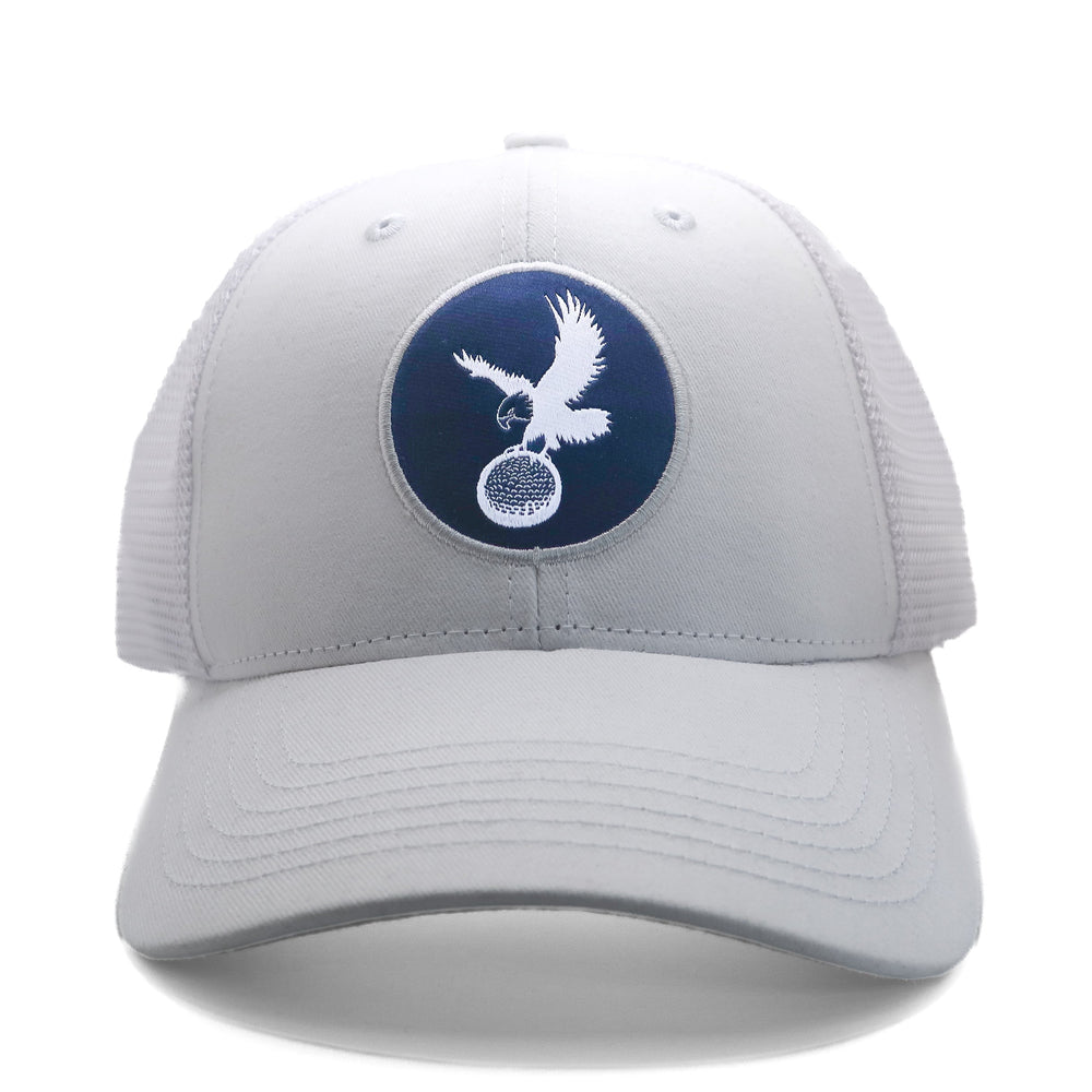 Trucker Hat White/White with Navy Icon Front View.