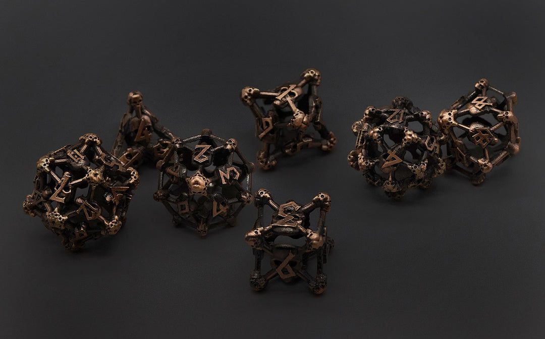 Copper Deadly Skull Dice Hollow Metal 7-Dice Set