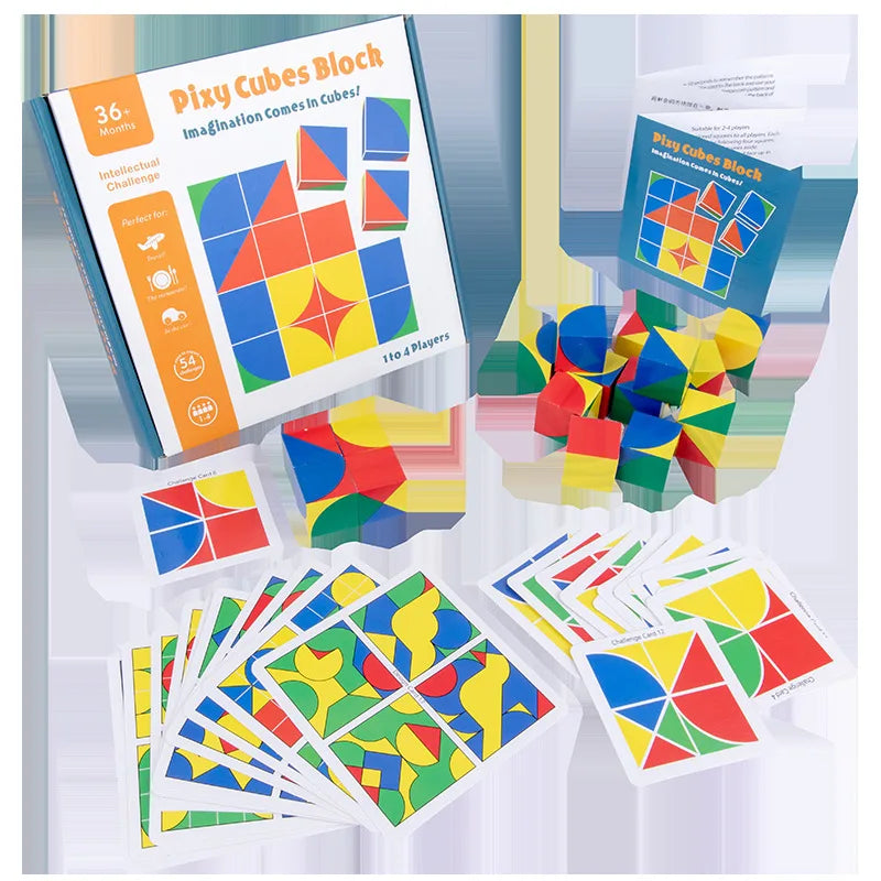 Pixy Cubes Block set with colorful geometric shapes and packaging on a white background.