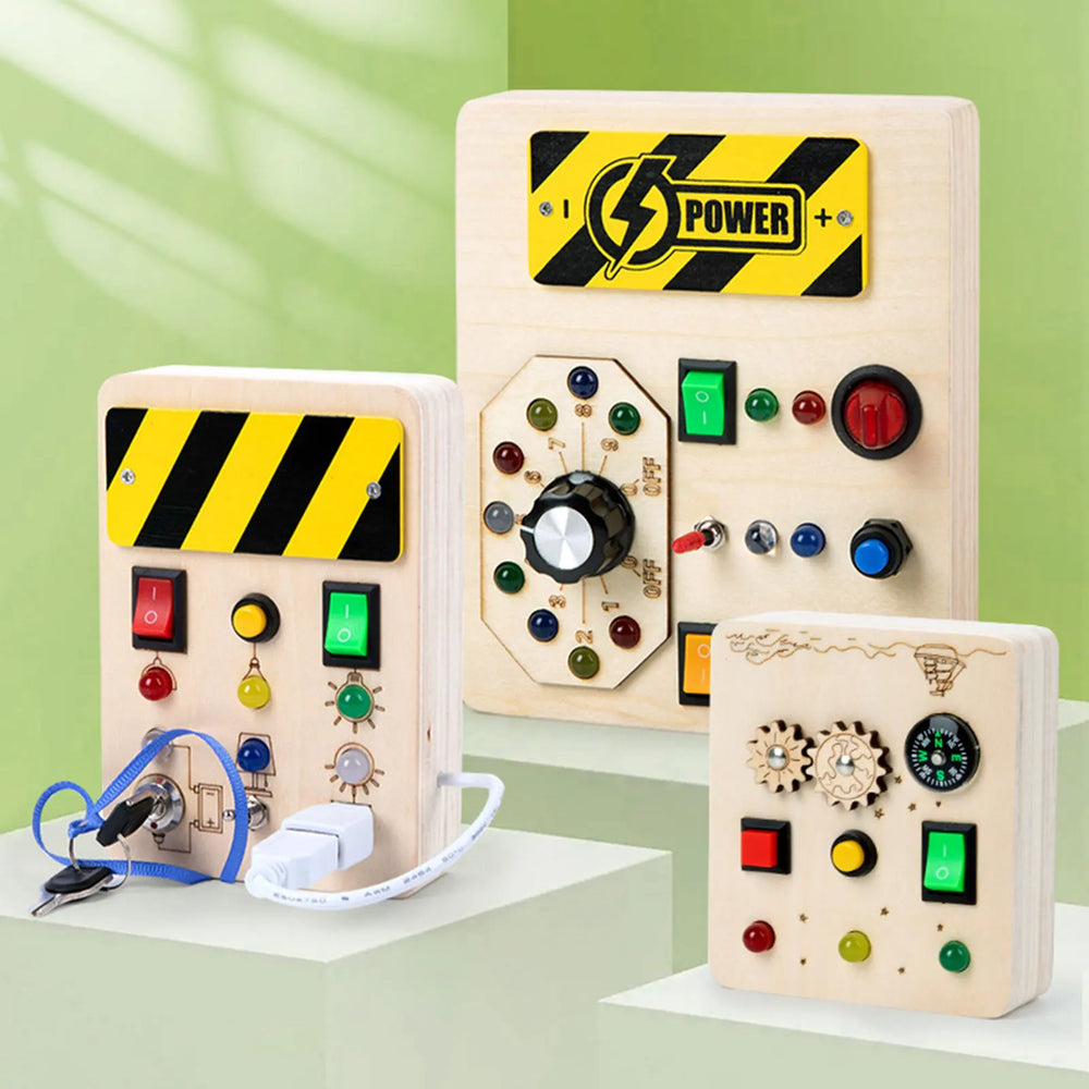 Wooden control panel with buttons and lights on a green background.