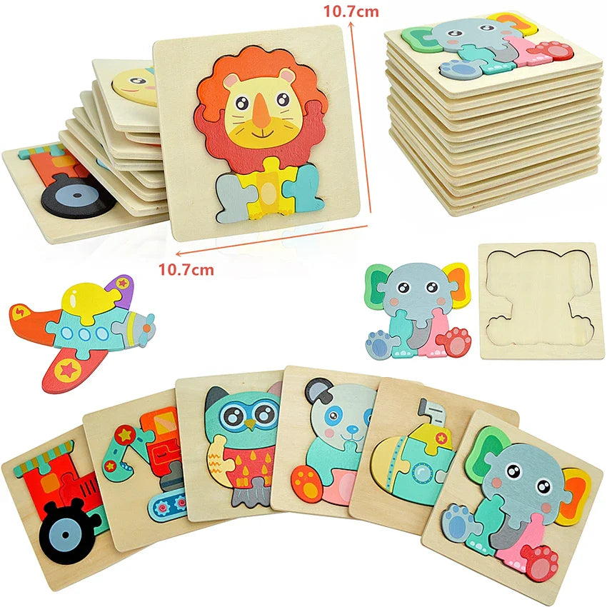 Montessori Wooden Cartoon Animal Puzzles Early Learning Toy Set.