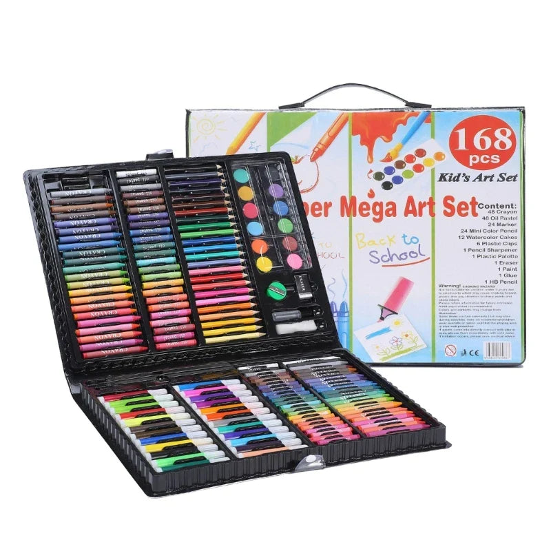 Mega art set with various art supplies and packaging on a white background.