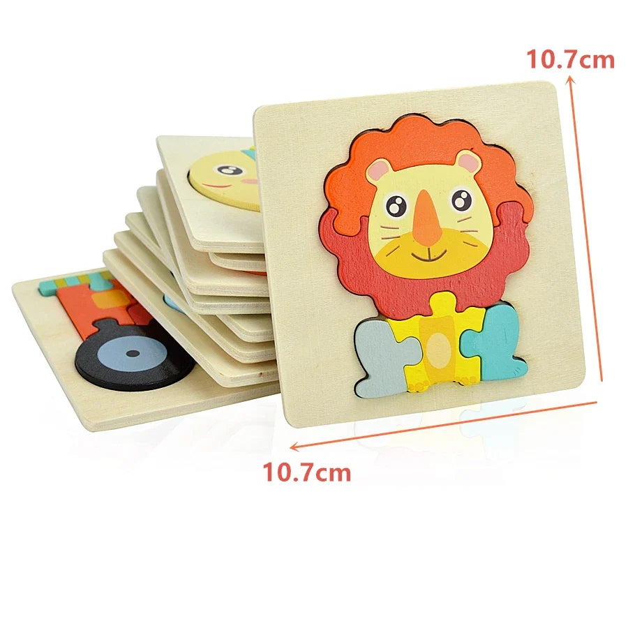 Children's wooden puzzle with a lion design and measurements on a white background.