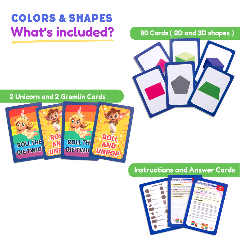 Card game set with colorful cards featuring shapes, unicorns, and gremlins on a white background.