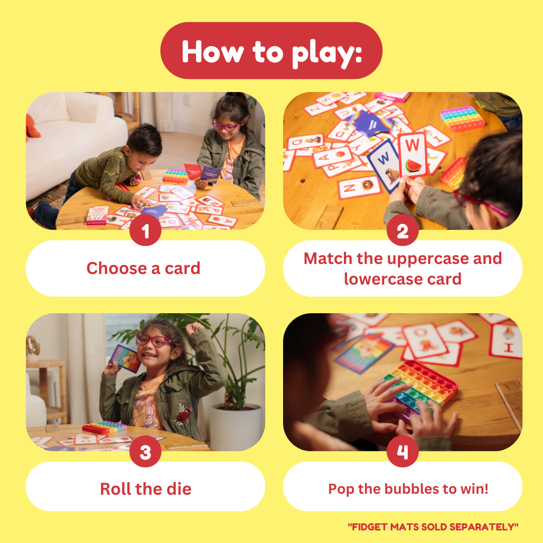 Instructions for a card game with children playing on a yellow background.