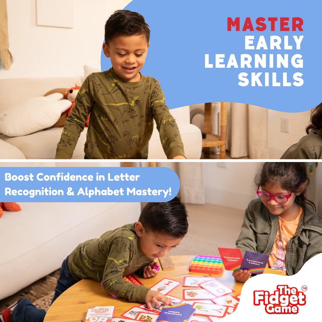 Children playing with educational cards on a table, with text promoting early learning skills and confidence in letter recognition.