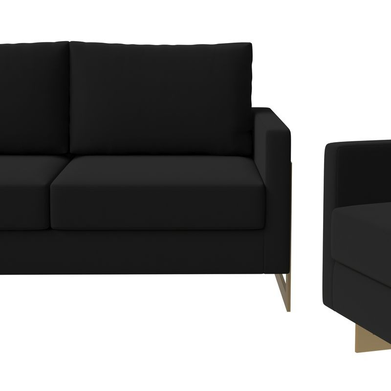 LeisureMod Lincoln 3-Piece Velvet Living Room Sofa Set with Gold Frame Midnight Black Closeup.