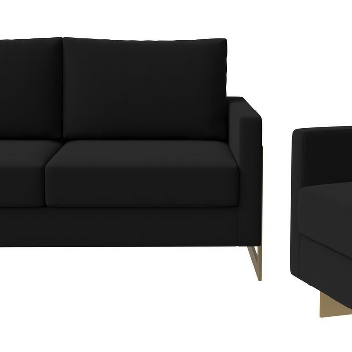 LeisureMod Lincoln 3-Piece Velvet Living Room Sofa Set with Gold Frame Midnight Black Closeup.