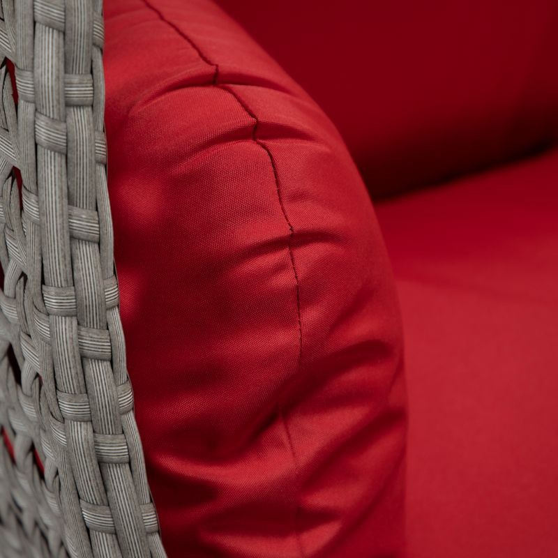 LeisureMod Mendoza Light Grey Wicker Hanging 2 Person Egg Swing Chair Red Closeup.