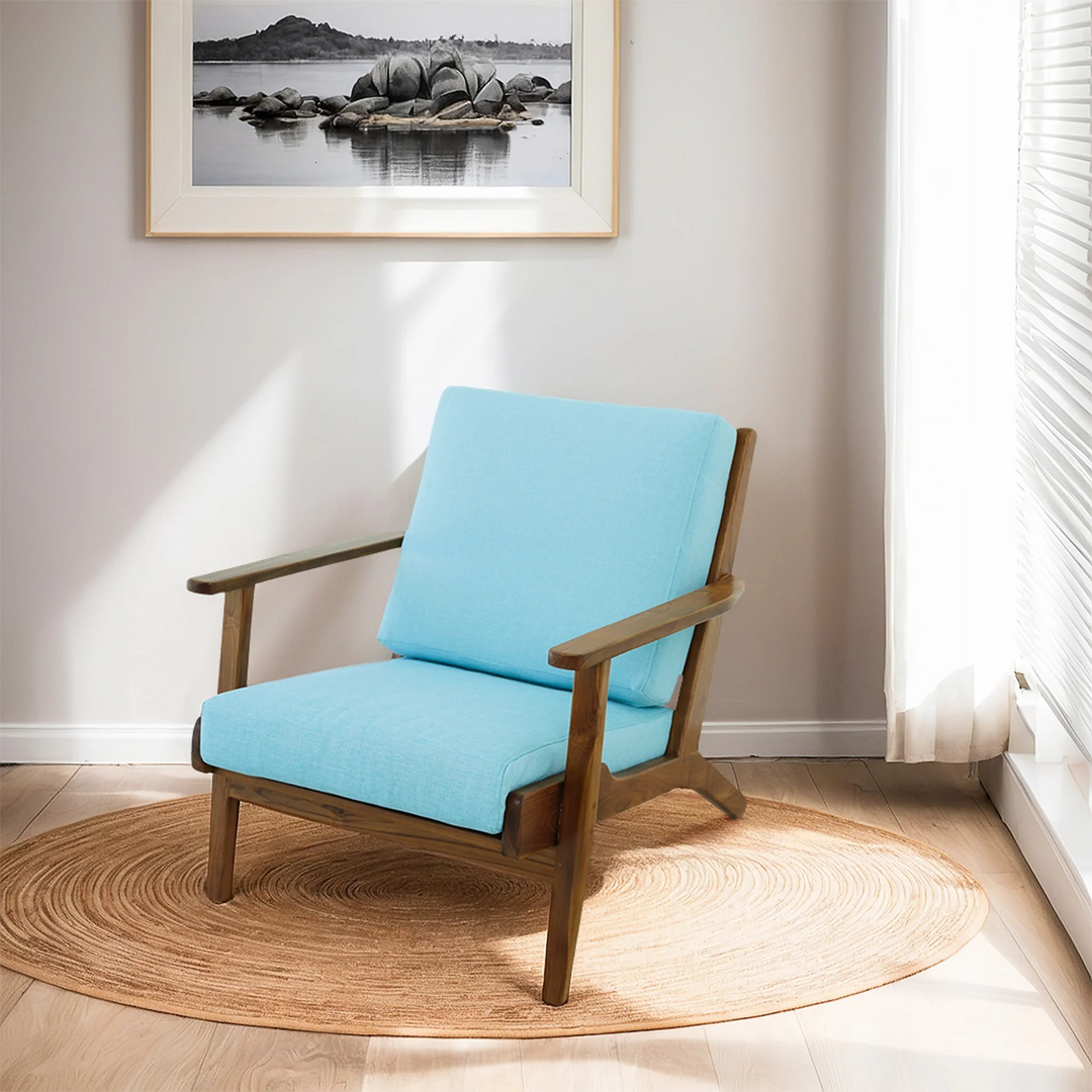 Connor Solid Wood Linen Lounge Chair Sky Blue in Room.