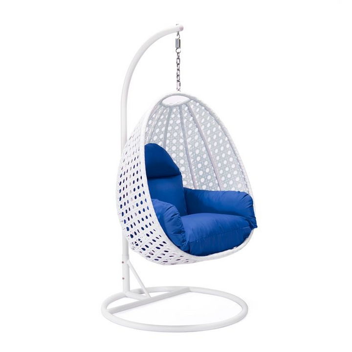 LeisureMod White Wicker Hanging Egg Swing Chair Blue without Background.