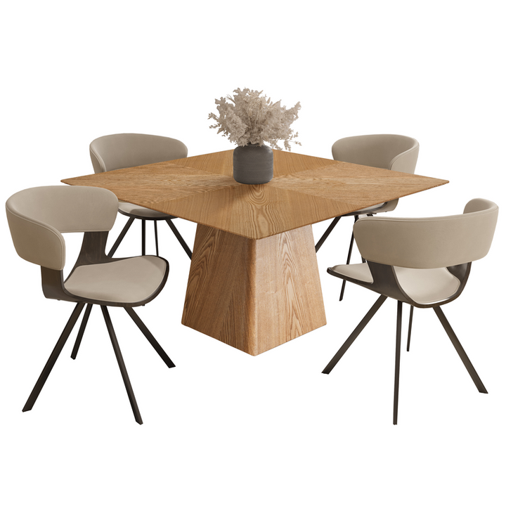 LeisureMod 5-Piece Dining Set with Square Wooden Table in Natural Wood and 4 Leather Dining Chairs in Dark Walnut/Light Taupe