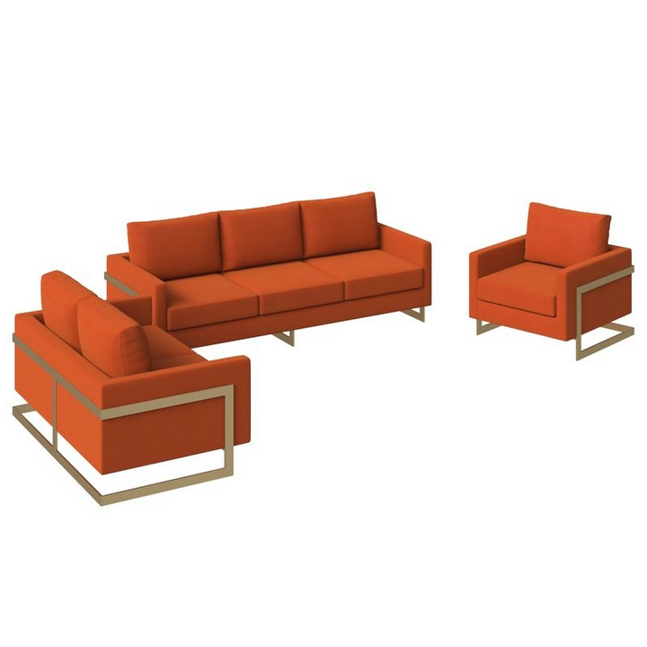 LeisureMod Lincoln 3-Piece Velvet Living Room Sofa Set with Gold Frame Orange Marmalade without Background.