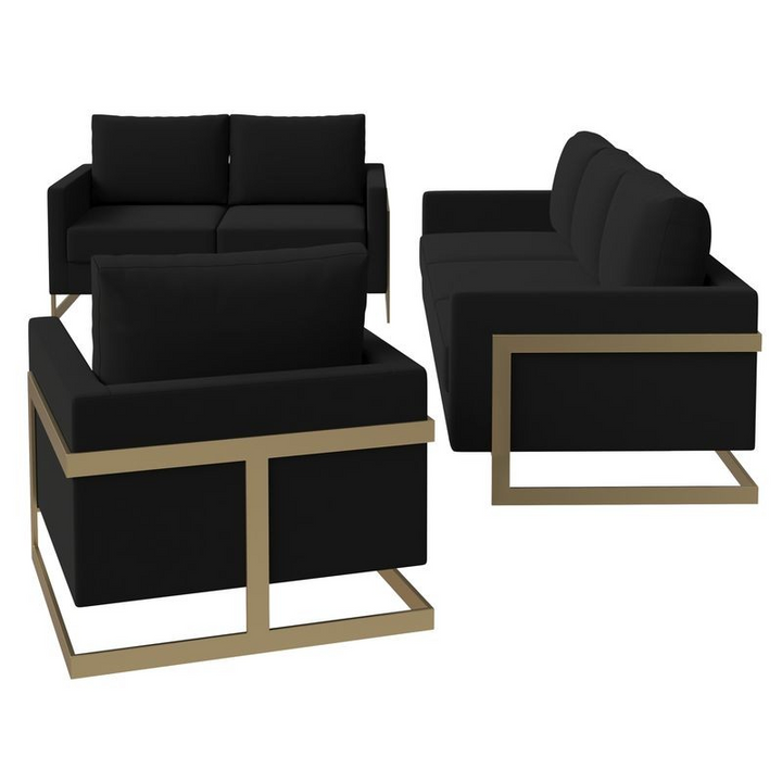 LeisureMod Lincoln 3-Piece Velvet Living Room Sofa Set with Gold Frame Midnight Black 3 Pieces.