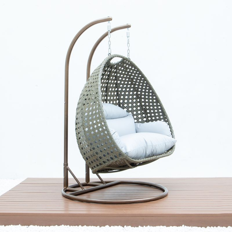 LeisureMod Beige Wicker Hanging 2 person Egg Swing Chair Light Grey Side View.