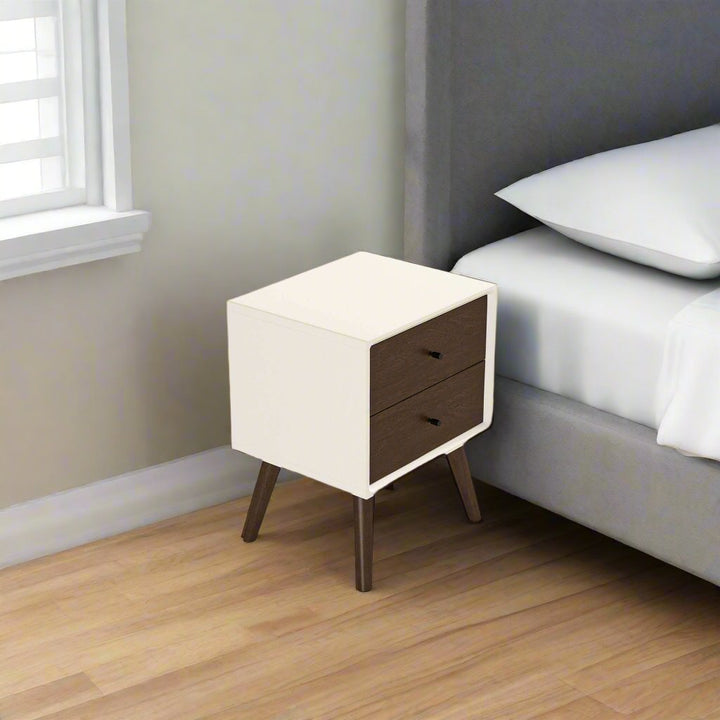 Caroline Mid Century Modern Style White Nightstand 2-Drawer Right Angle