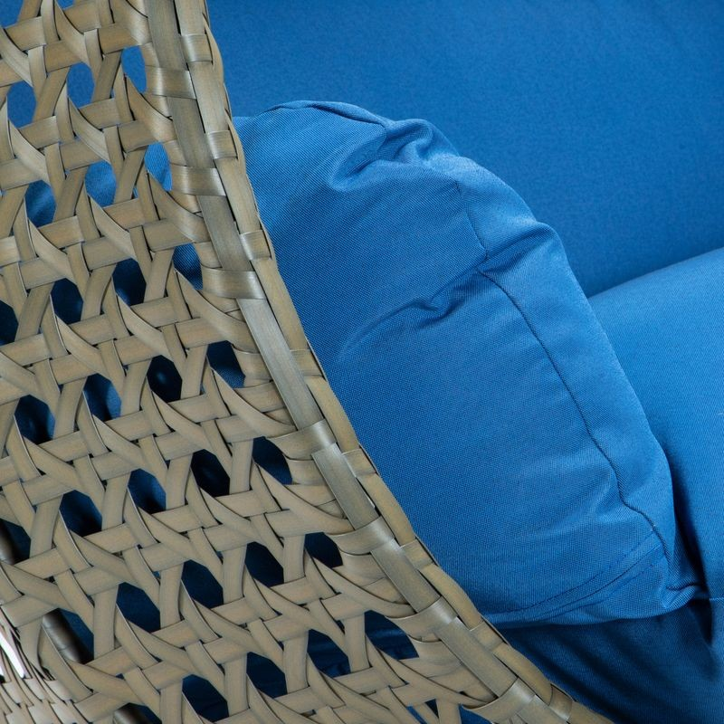 LeisureMod Beige Wicker Hanging 2 person Egg Swing Chair Blue Cushion Closeup.
