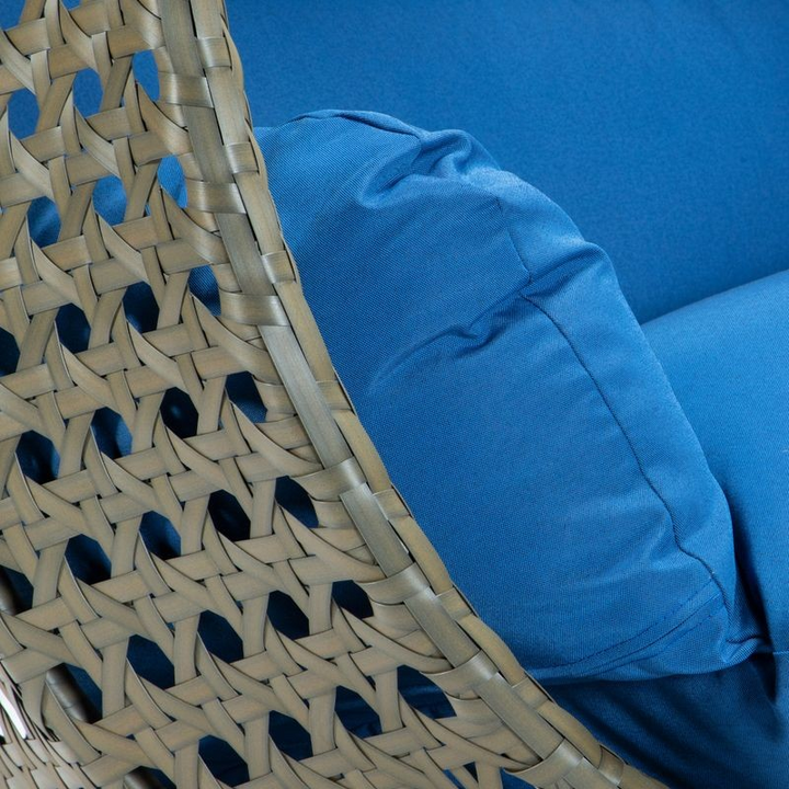 LeisureMod Beige Wicker Hanging 2 person Egg Swing Chair Blue Cushion Closeup.