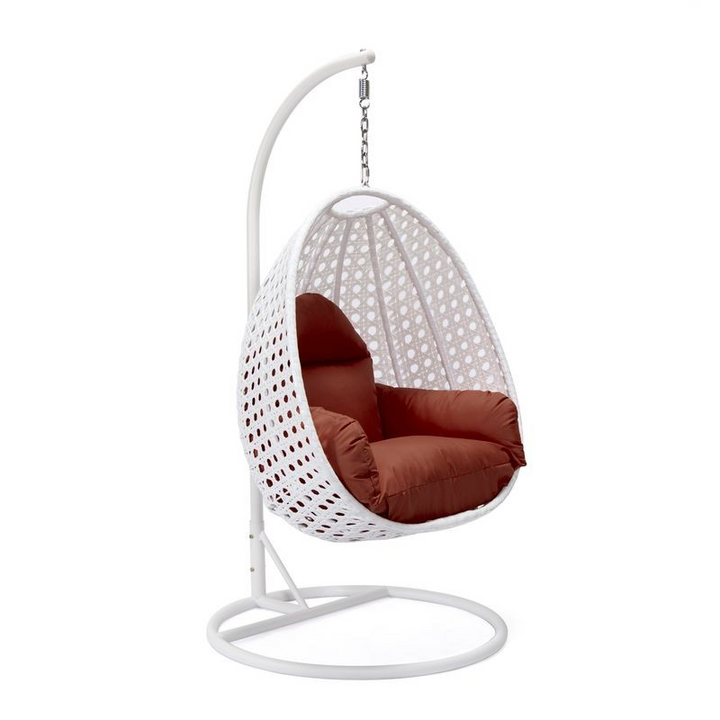 LeisureMod White Wicker Hanging Egg Swing Chair Cherry without Background.