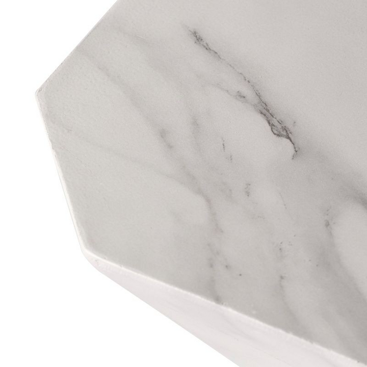 LeisureMod Azure Collection Fiberglass Outdoor Side Table in Marble White Closeup.