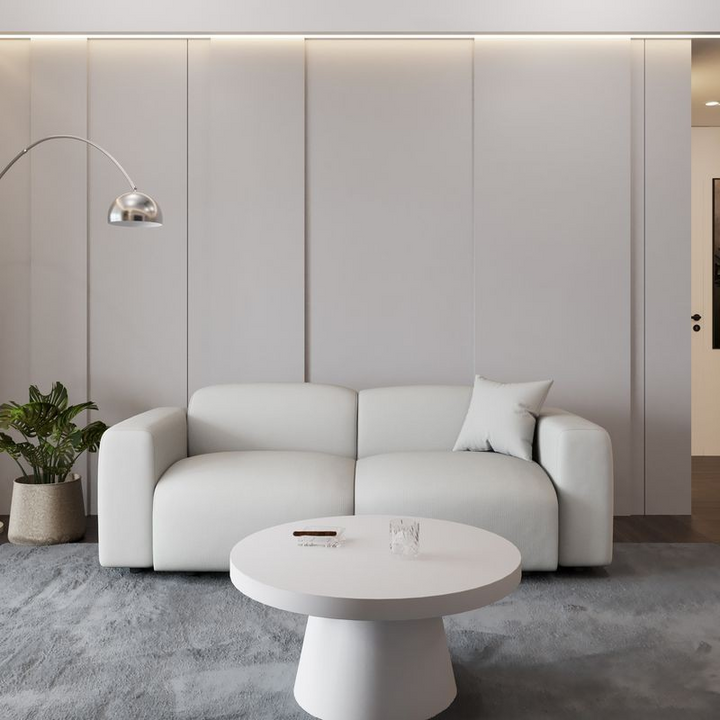 LeisureMod Whisper 4-Seater Conversation Set with a Chaise Lounge Chair in Beige Photo in Room.