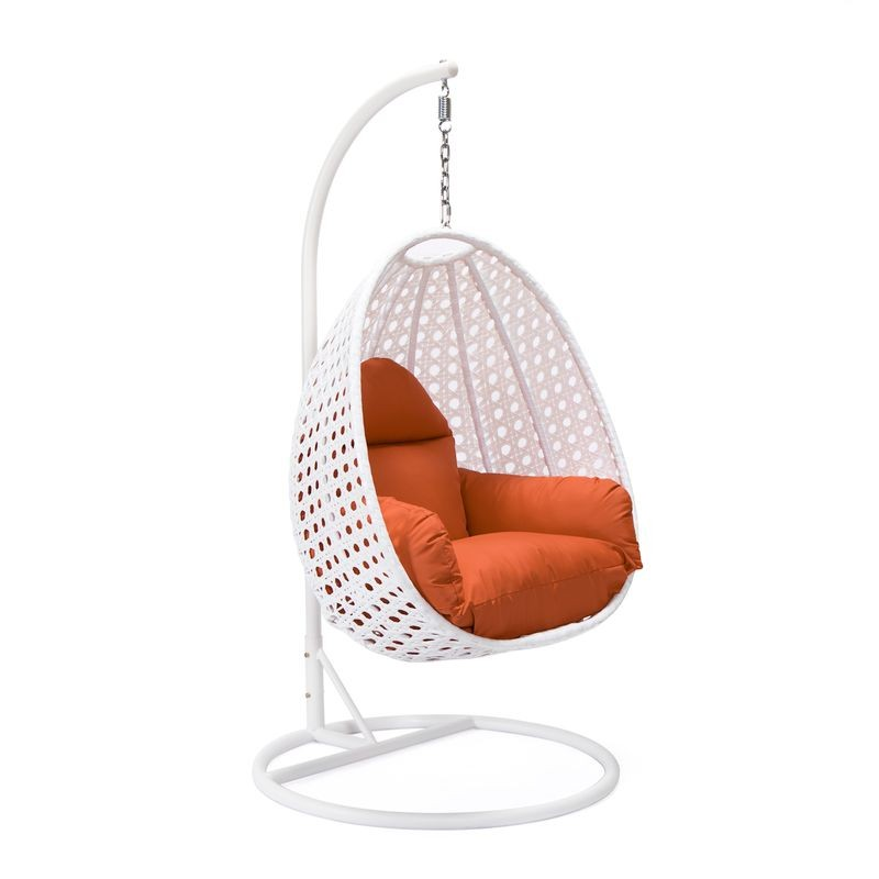 LeisureMod White Wicker Hanging Egg Swing Chair Orange without Background.