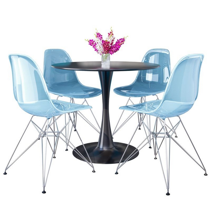 LeisureMod 5-Piece Dining Set 35" Round Dining Table in Black Iron 4 ABS Plastic Side Chair in Chrome Transparent Blue