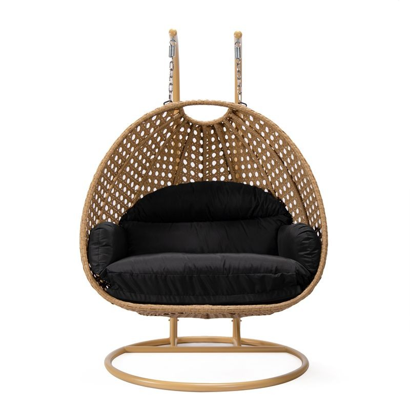 LeisureMod Mendoza Light Brown Wicker Hanging 2 person Egg Swing Chair Black Front View.