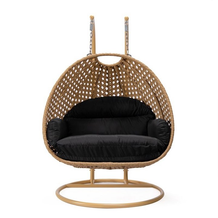 LeisureMod Mendoza Light Brown Wicker Hanging 2 person Egg Swing Chair Black Front View.
