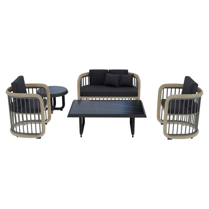 LeisureMod Klyra 5-Piece Aluminum Conversation Set with 2 Accent Chairs, Sofa, Coffee Table, Side Table in Grey Picture.