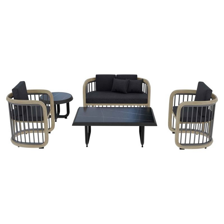 LeisureMod Klyra 5-Piece Aluminum Conversation Set with 2 Accent Chairs, Sofa, Coffee Table, Side Table in Grey Picture.