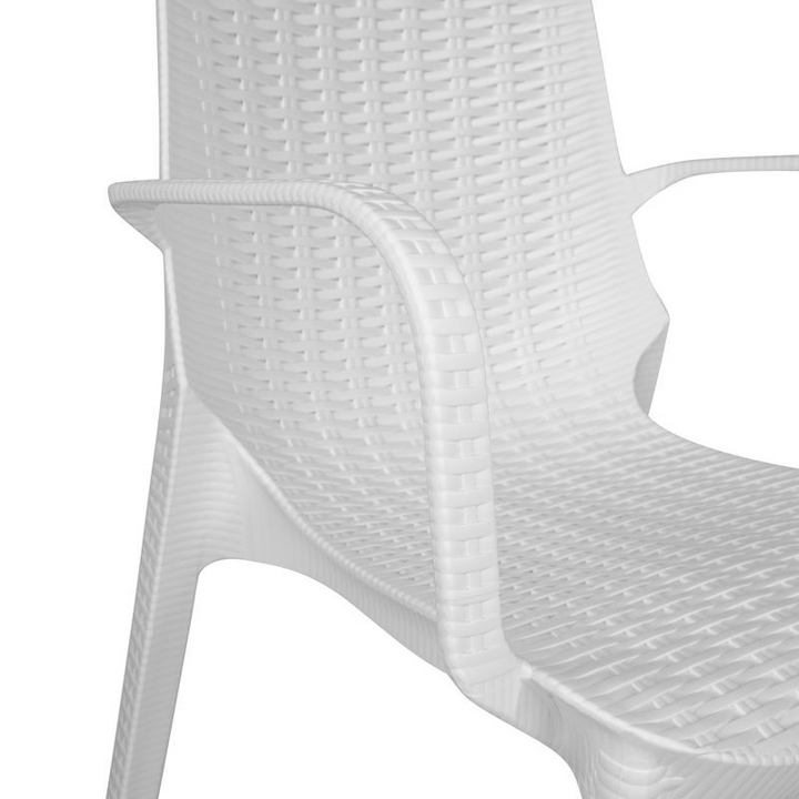 LeisureMod Kent Outdoor Patio Plastic Dining Armchair, Set of 2 White Closeup.
