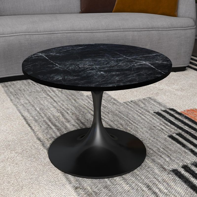 LeisureMod Verve Coffee Table Black base with 27" round Black Marble MDF Top