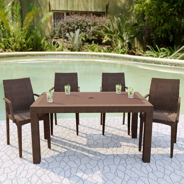 LeisureMod Mace Weave Design Outdoor Dining Table Brown Photo.
