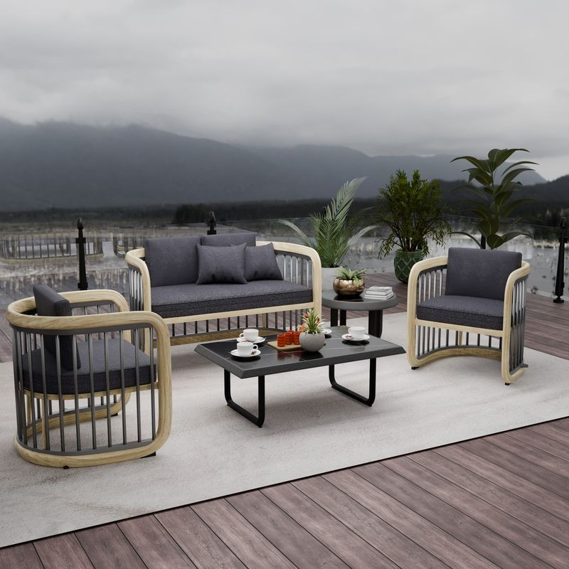 LeisureMod Klyra 5-Piece Aluminum Conversation Set with 2 Accent Chairs, Sofa, Coffee Table, Side Table in Grey Photo.