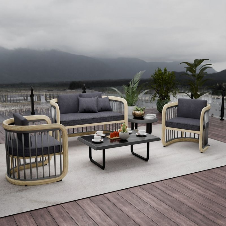 LeisureMod Klyra 5-Piece Aluminum Conversation Set with 2 Accent Chairs, Sofa, Coffee Table, Side Table in Grey Photo.