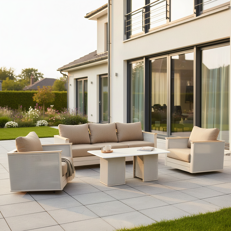 LeisureMod 4-Piece Conversation Set with Coffee Table, Sofa, and 2 Accent Chairs in Taupe Arvin Collection Taupe on Patio.