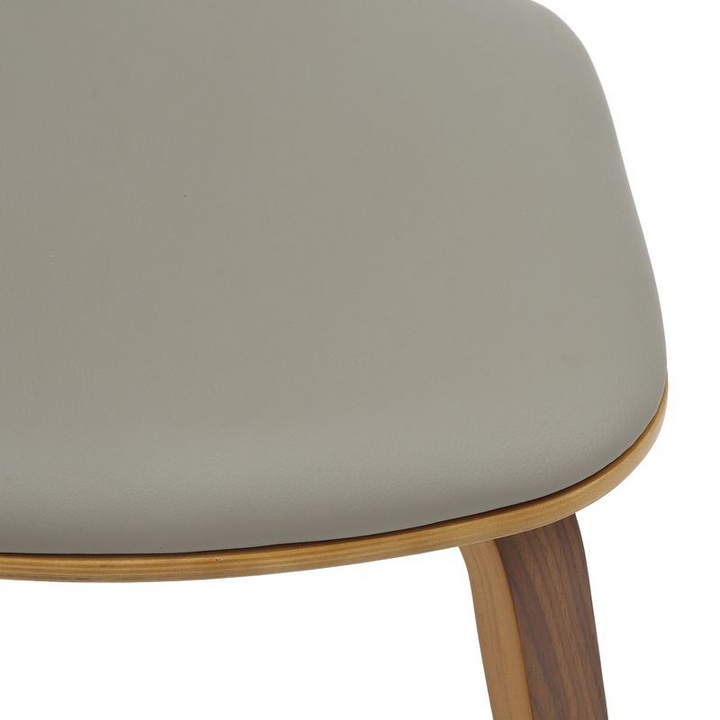 LeisureMod 5-Piece Dining Set with Round Wooden Table in Walnut and 4 Leather Dining Chairs in Walnut/Light Grey Seat Closeup.