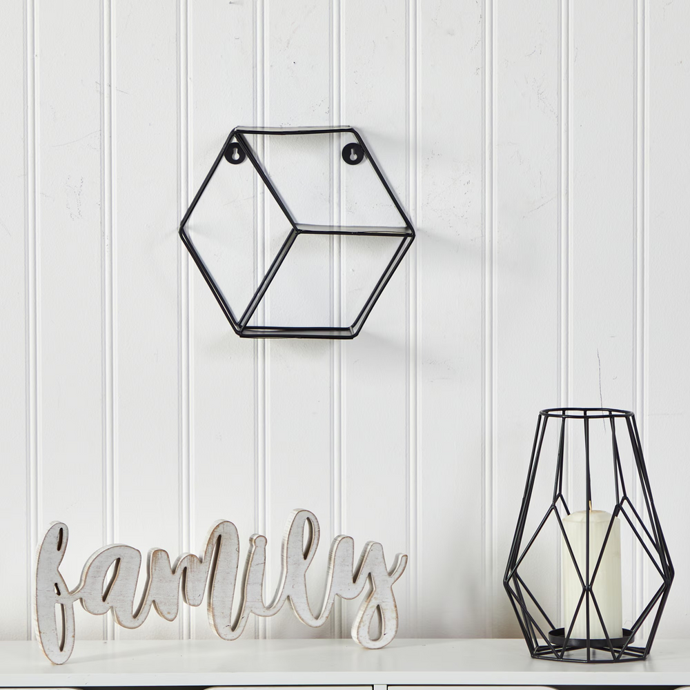 10” Black Matte Hexagon Wall Shelf on Wall