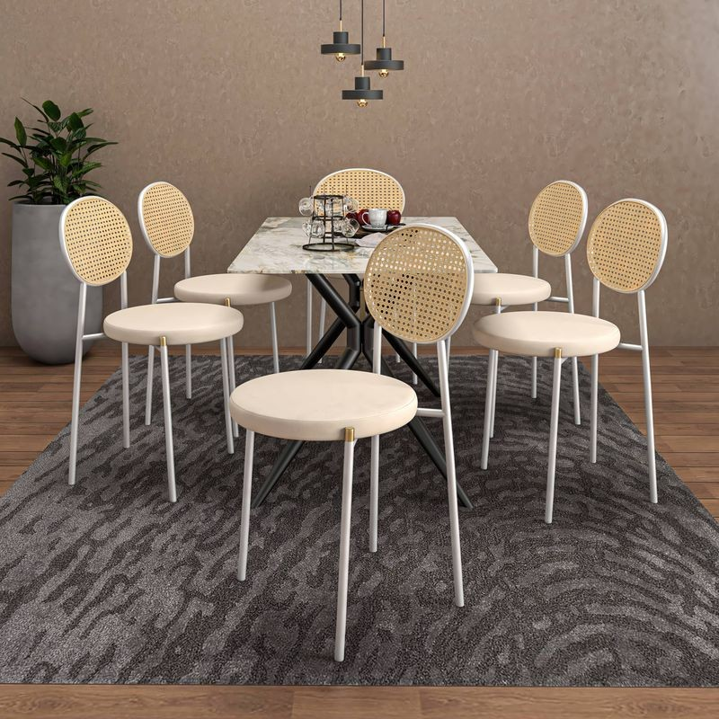 LeisureMod 7-Piece Dining Set with Rectangular Sintered Stone Dining Table and 6 Velvet Dining Side Chairs with Wicker Back Beige in Living Room.