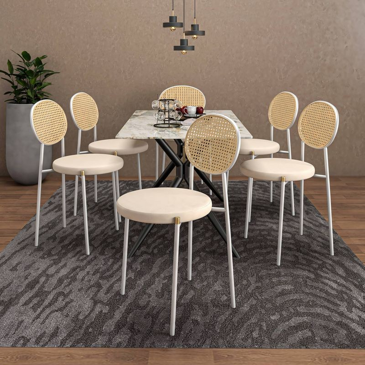 LeisureMod 7-Piece Dining Set with Rectangular Sintered Stone Dining Table and 6 Velvet Dining Side Chairs with Wicker Back Beige in Living Room.