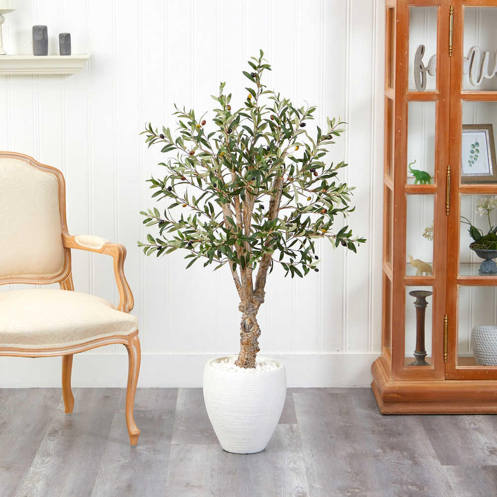 53” Olive Artificial Tree in White Planter in Room