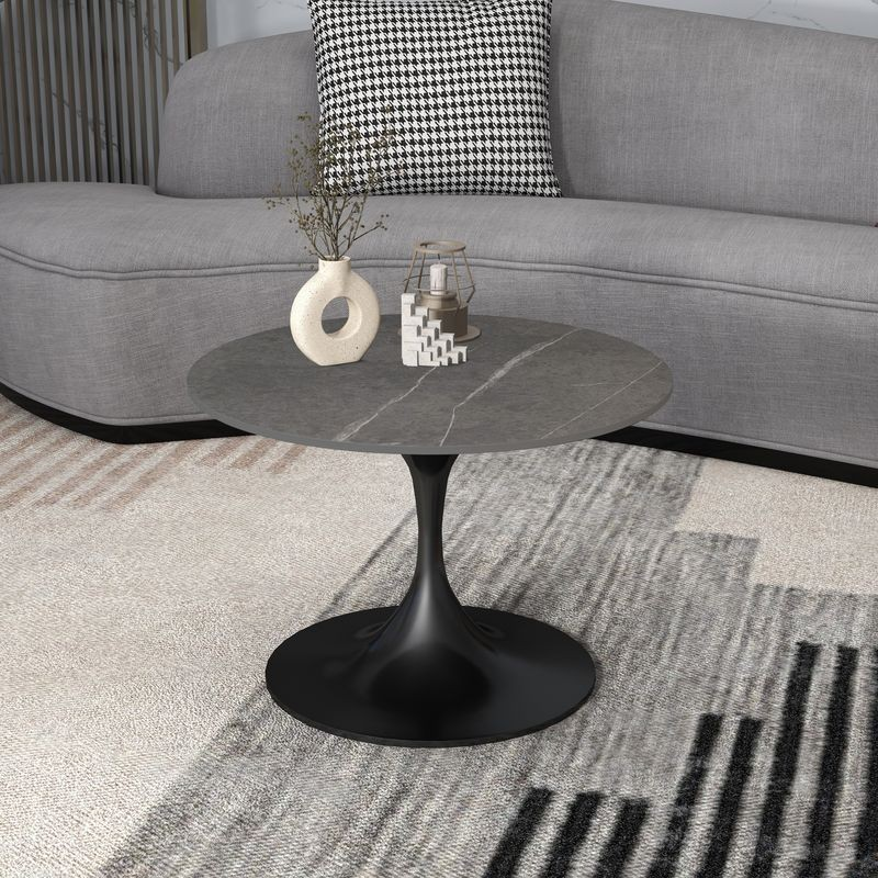 LeisureMod Verve Coffee Table Black Base with 27" Round Grey Sintered Stone Top in Room.