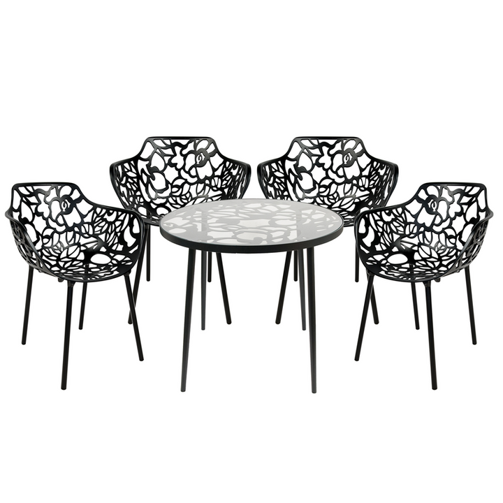 LeisureMod Devon Mid-Century Modern 5-Piece Aluminum Outdoor Patio Dining Set with Tempered Glass Top Table and 4 Stackable Flower Design Armchairs Black