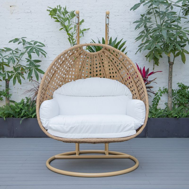 LeisureMod Mendoza Light Brown Wicker Hanging 2 Person Egg Swing Chair White Front View.