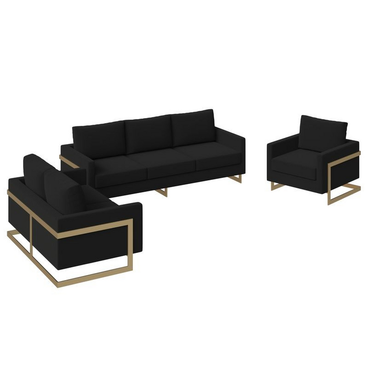 LeisureMod Lincoln 3-Piece Velvet Living Room Sofa Set with Gold Frame Midnight Black without Background.