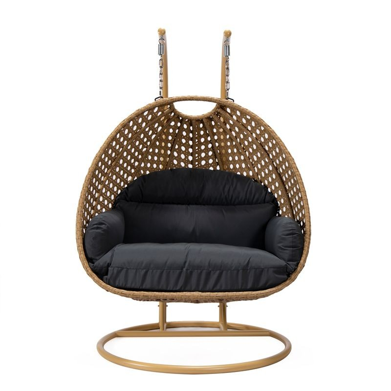 LeisureMod Mendoza Light Brown Wicker Hanging 2 person Egg Swing Chair Dark Grey Front View.
