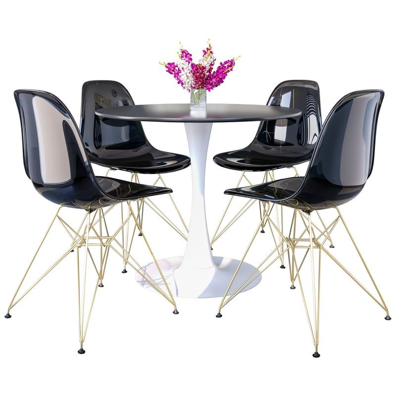 LeisureMod 5-Piece Dining Set with 35" Round Dining Table in White Iron Pedestal Base and 4 ABS Plastic Side Chair with Gold Base Transparent Black