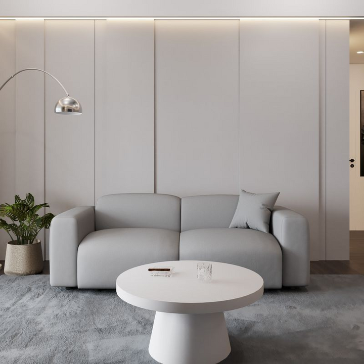 LeisureMod Whisper 4-Seater Conversation Set with a Chaise Lounge Chair in Taupe in Room.